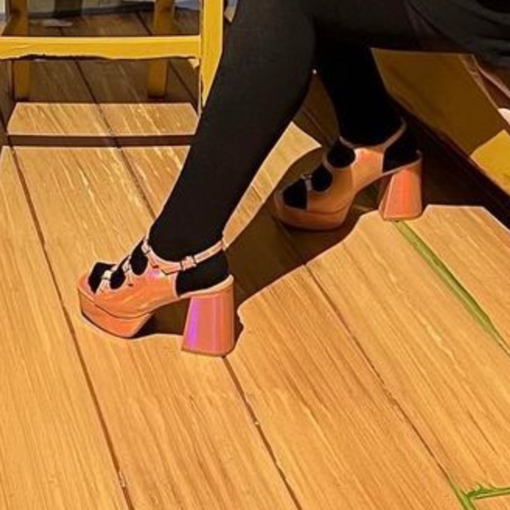 Willow UO peach iridescent block heels